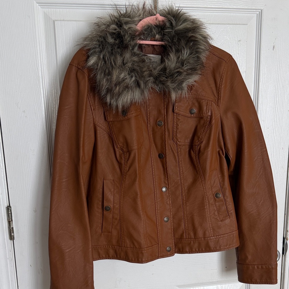 Guess Brown Leather Jacket with Faux Fur Collar
